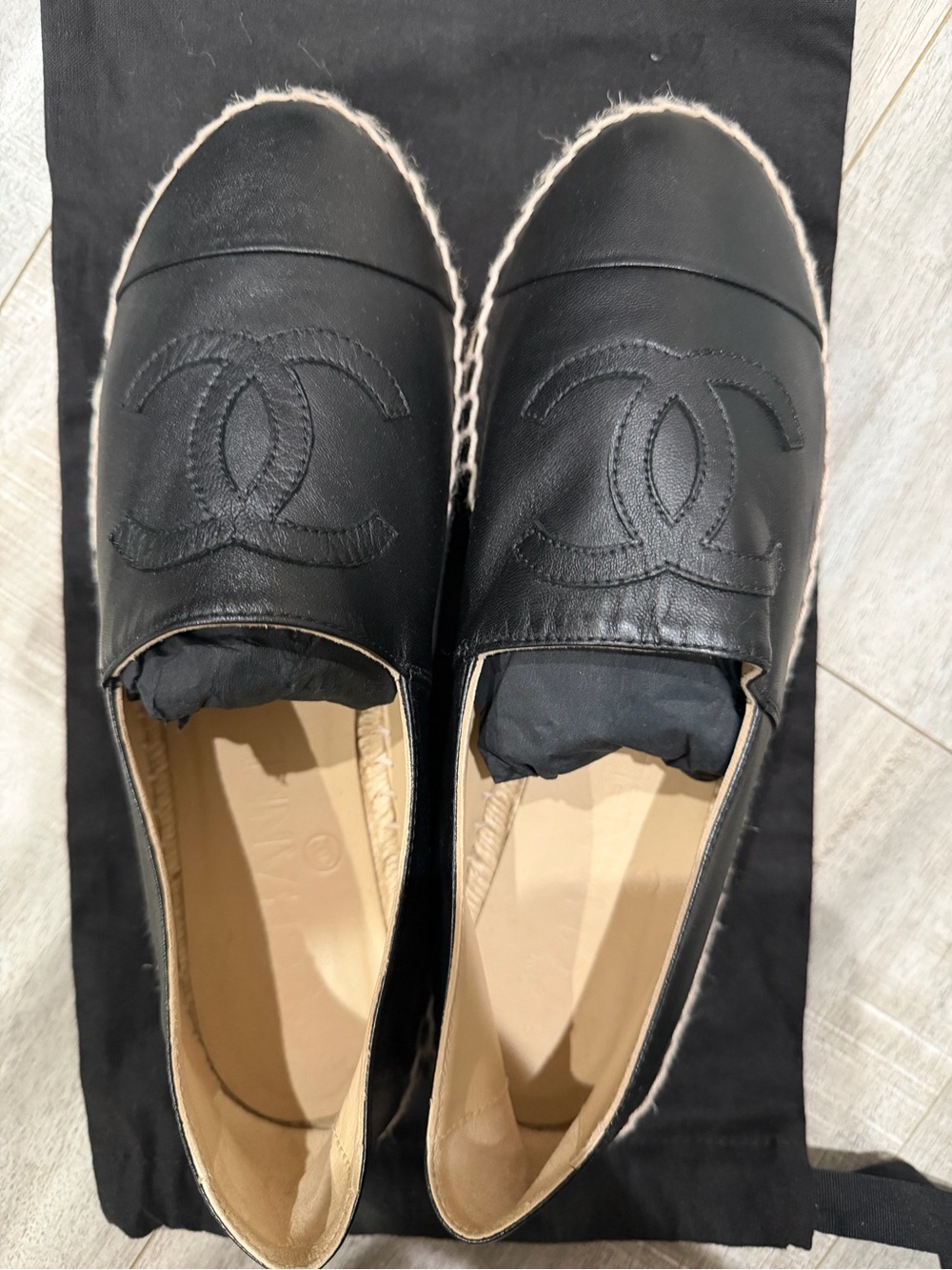CHANEL Black Leather Espadrille Slip-Ons with Jute Trim